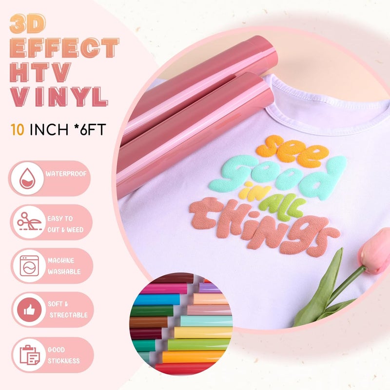 Tintnut Puff Heat Transfer Vinyl Roll- 10" x 6ft 3D Pinkish Grey Puff HTV Pink Iron on Vinyl Foaming Bright Puff for DIY T-Shirts Handbags Hats Crafts - Image 2